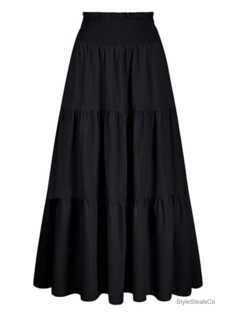 Flowy High Waist Boho Maxi Skirt With Pockets, Tiered & Lined, Ankle Length